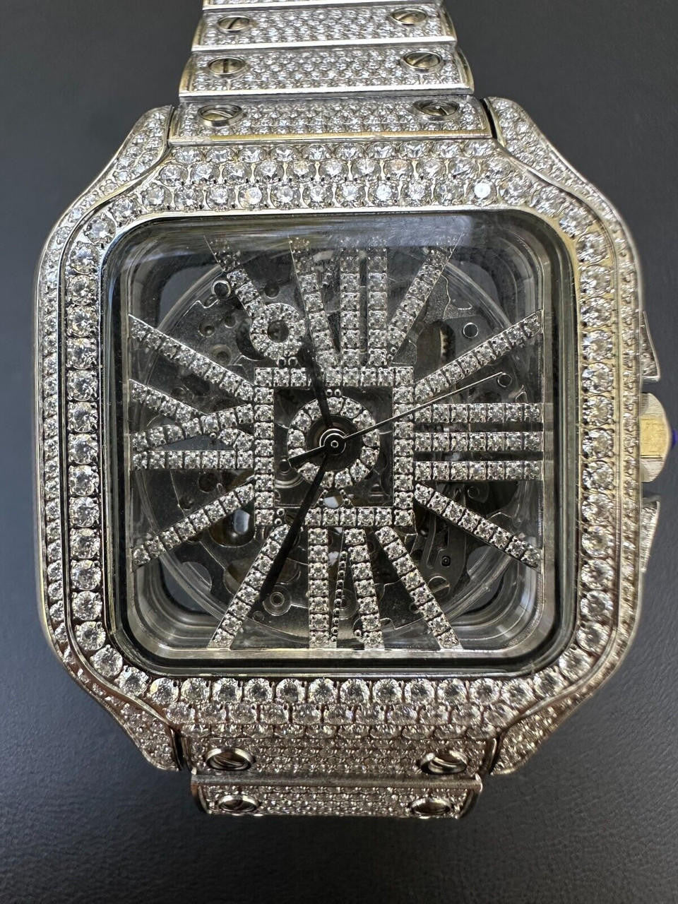 Real Mens MOISSANITE Watch Iced Automatic Movement Hip Hop Bust Down Skeleton