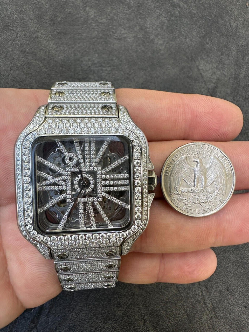 Real Mens MOISSANITE Watch Iced Automatic Movement Hip Hop Bust Down Skeleton