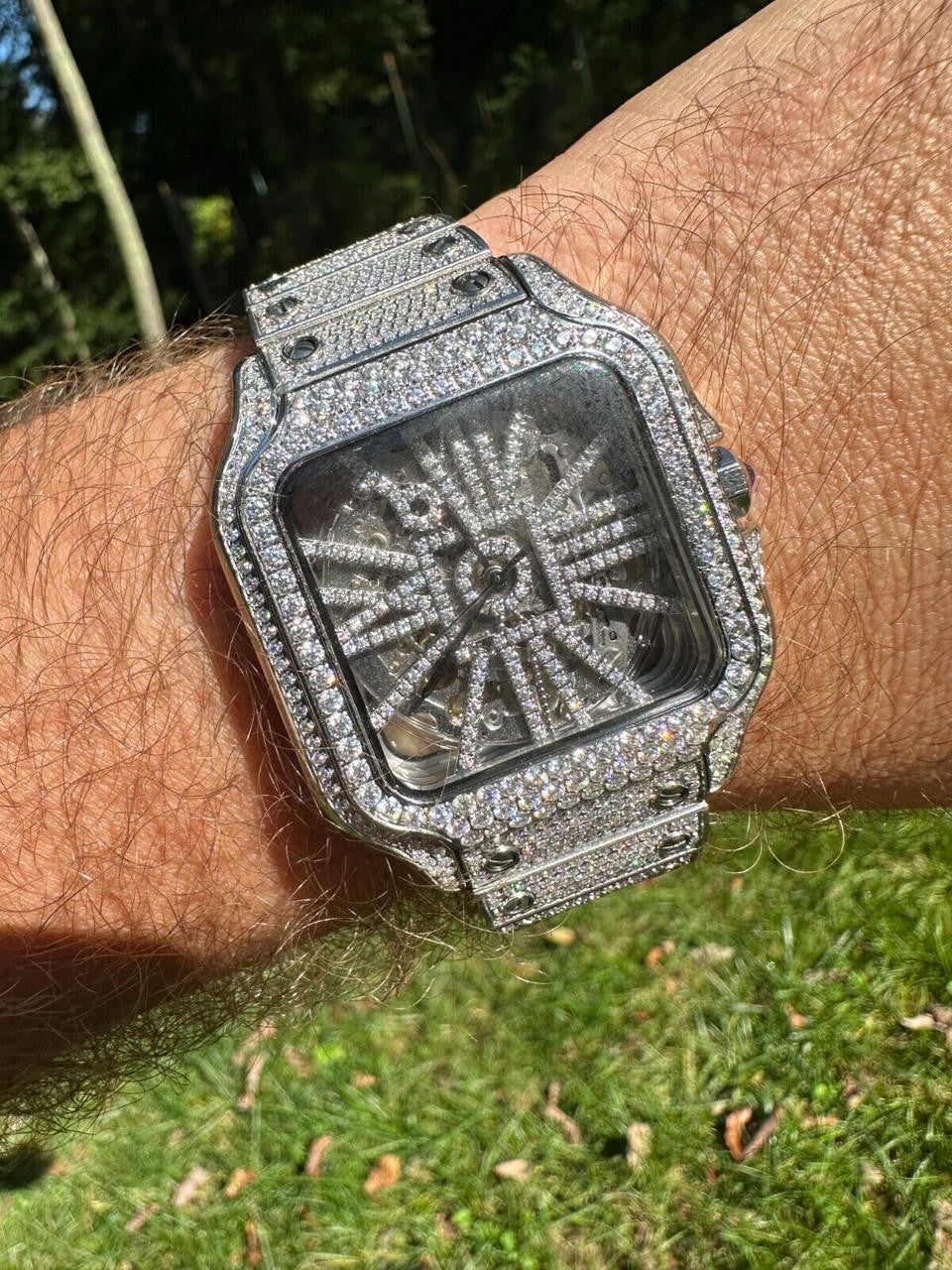 Real Mens MOISSANITE Watch Iced Automatic Movement Hip Hop Bust Down Skeleton