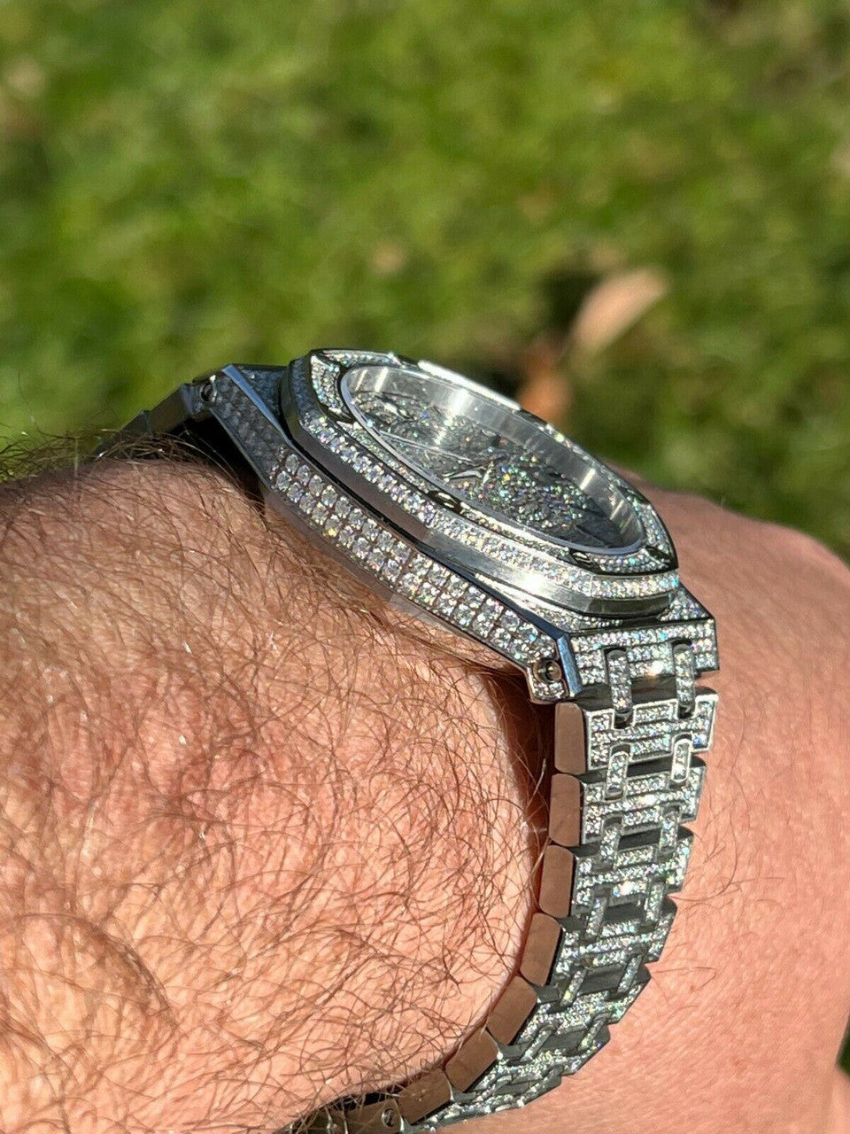 Real Mens Watch Fully Iced Bust Down Out Skeleton Back Automatic 44mm Hip Hop