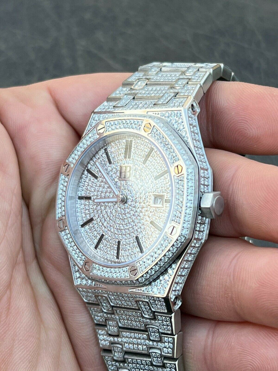 Real Mens Watch Fully Iced Bust Down Out Skeleton Back Automatic 44mm Hip Hop