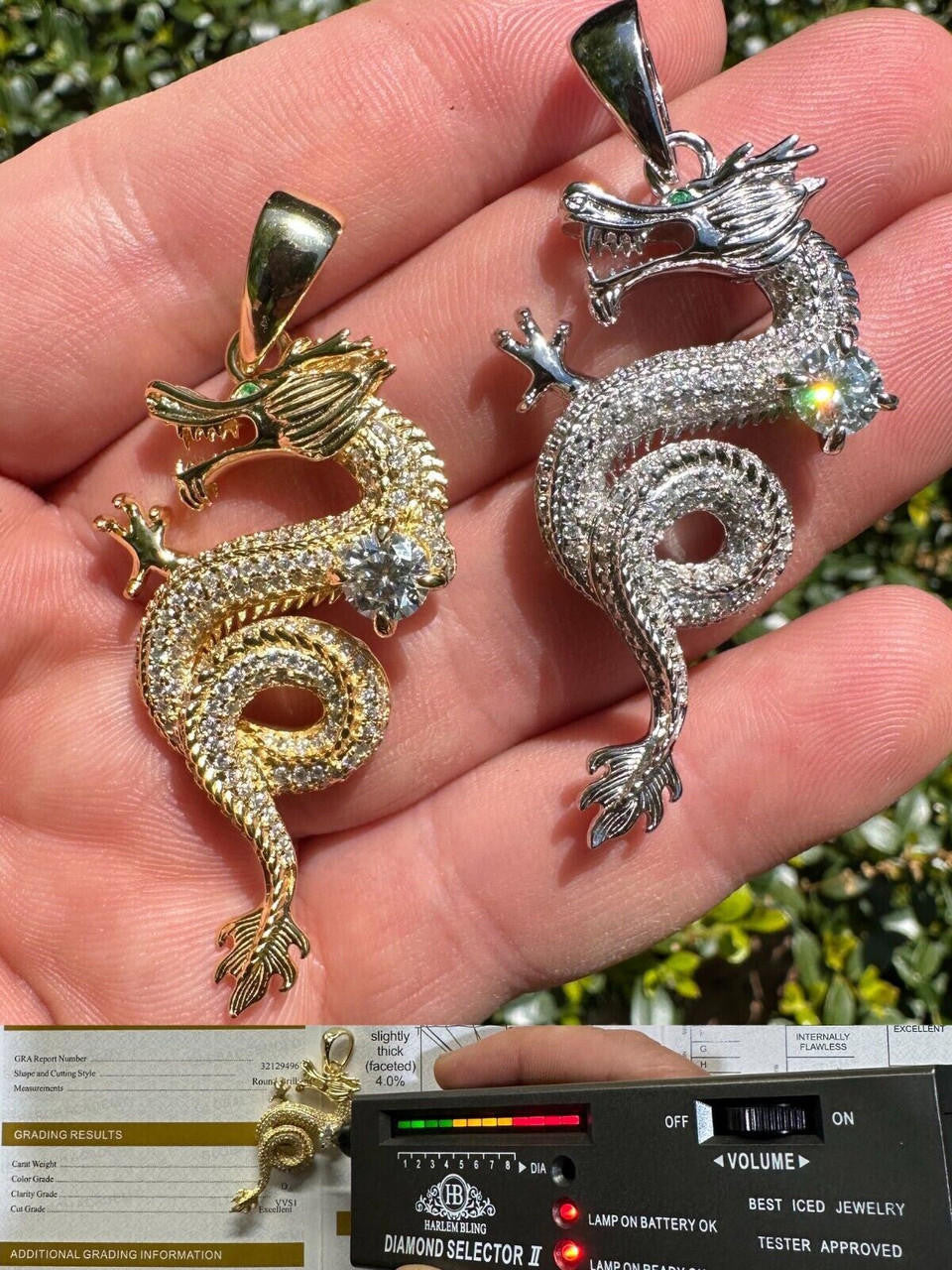 MOISSANITE 3D Dragon Hip Hop Pendant - 14k Gold Vermeil Or 925 Silver - Medium 2.25"