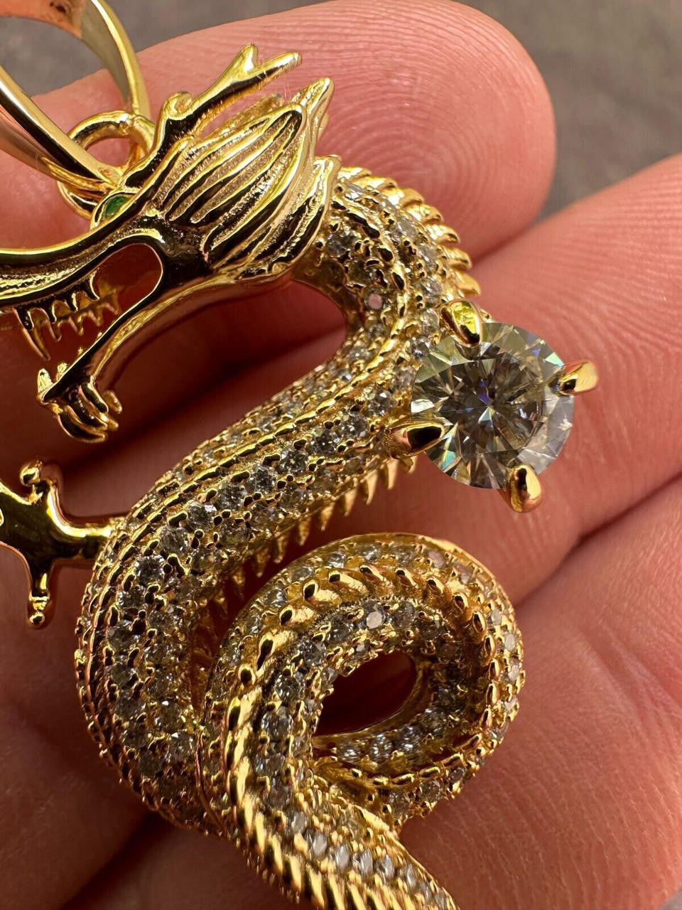MOISSANITE 3D Dragon Hip Hop Pendant - 14k Gold Vermeil Or 925 Silver - Medium 2.25"