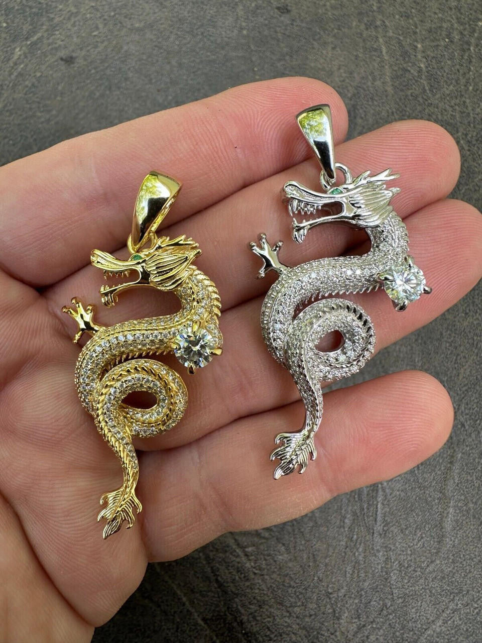 MOISSANITE 3D Dragon Hip Hop Pendant - 14k Gold Vermeil Or 925 Silver - Medium 2.25"