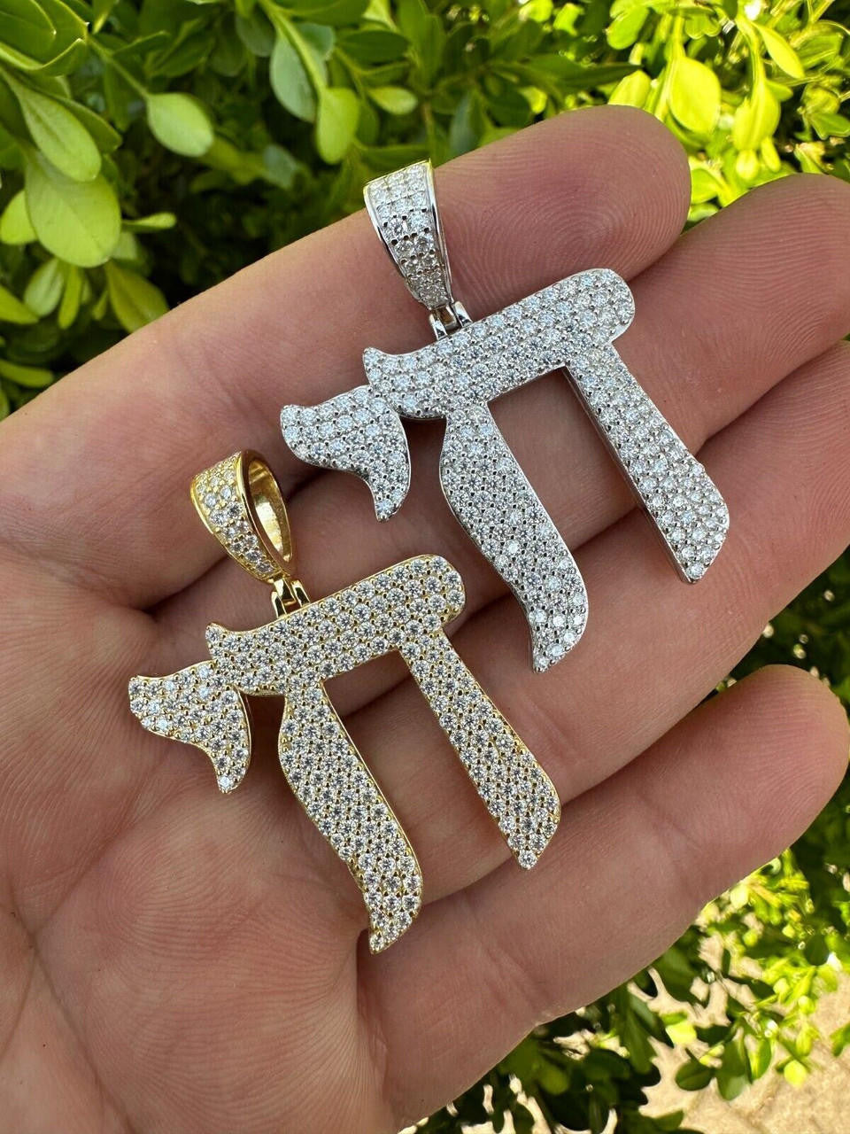 MOISSANITE Iced Out Chai Jewish Pendant - 14k Gold Vermeil Or 925 Silver - Small 1.5"