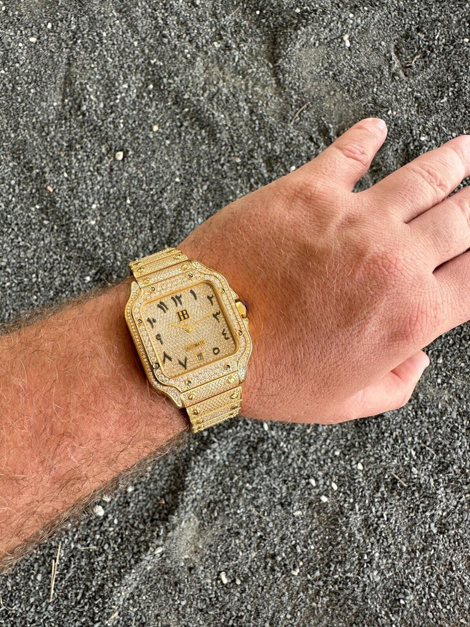 Real MOISSANITE Hip Hop Watch Fully Iced Mens Automatic Movement Gold Arabic