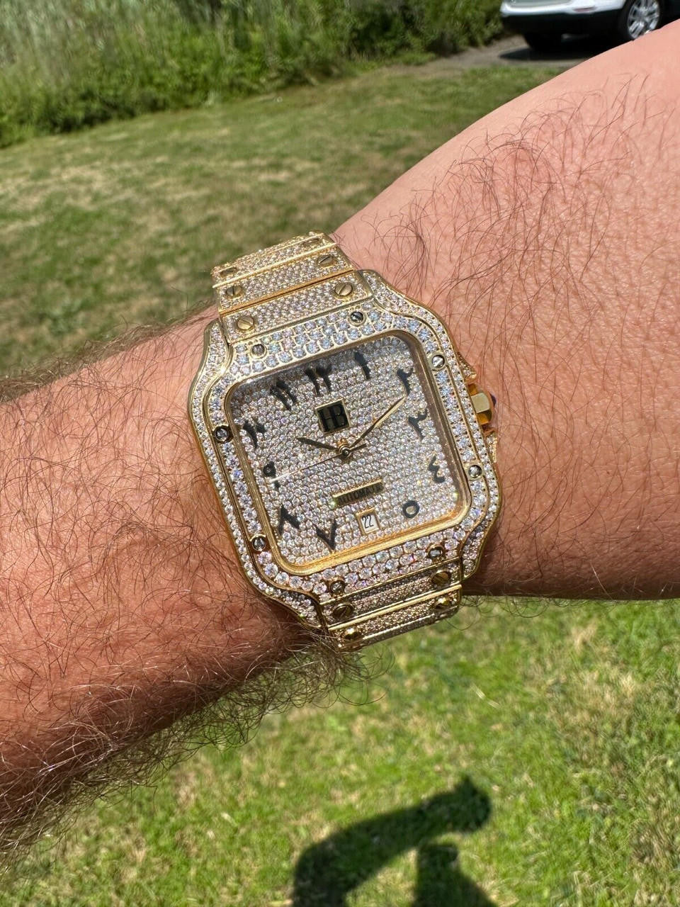 Real MOISSANITE Hip Hop Watch Fully Iced Mens Automatic Movement Gold Arabic
