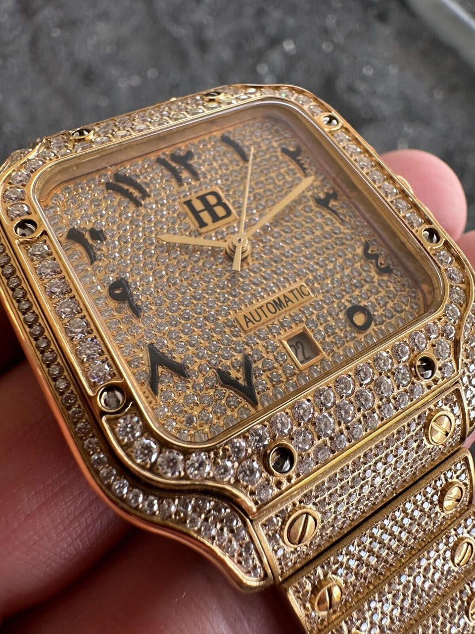 Real MOISSANITE Hip Hop Watch Fully Iced Mens Automatic Movement Gold Arabic