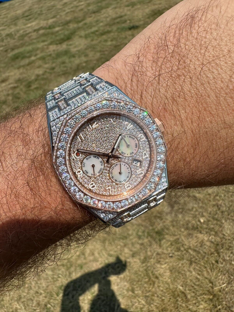 Real MOISSANITE Mens Watch 14k Rose Gold Two Tone Iced Skeleton Back Hip Hop