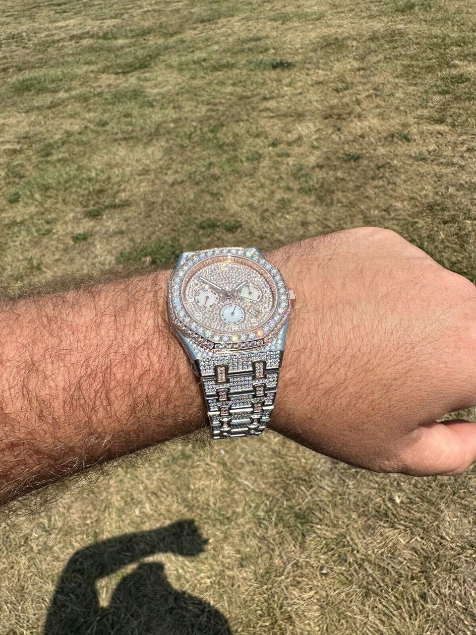 Real MOISSANITE Mens Watch 14k Rose Gold Two Tone Iced Skeleton Back Hip Hop