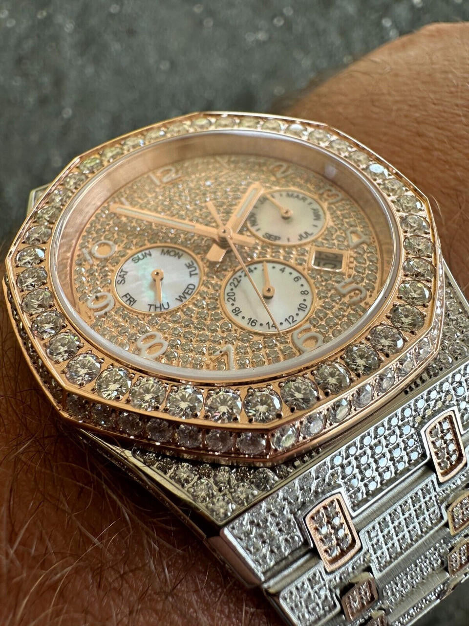 Real MOISSANITE Mens Watch 14k Rose Gold Two Tone Iced Skeleton Back Hip Hop