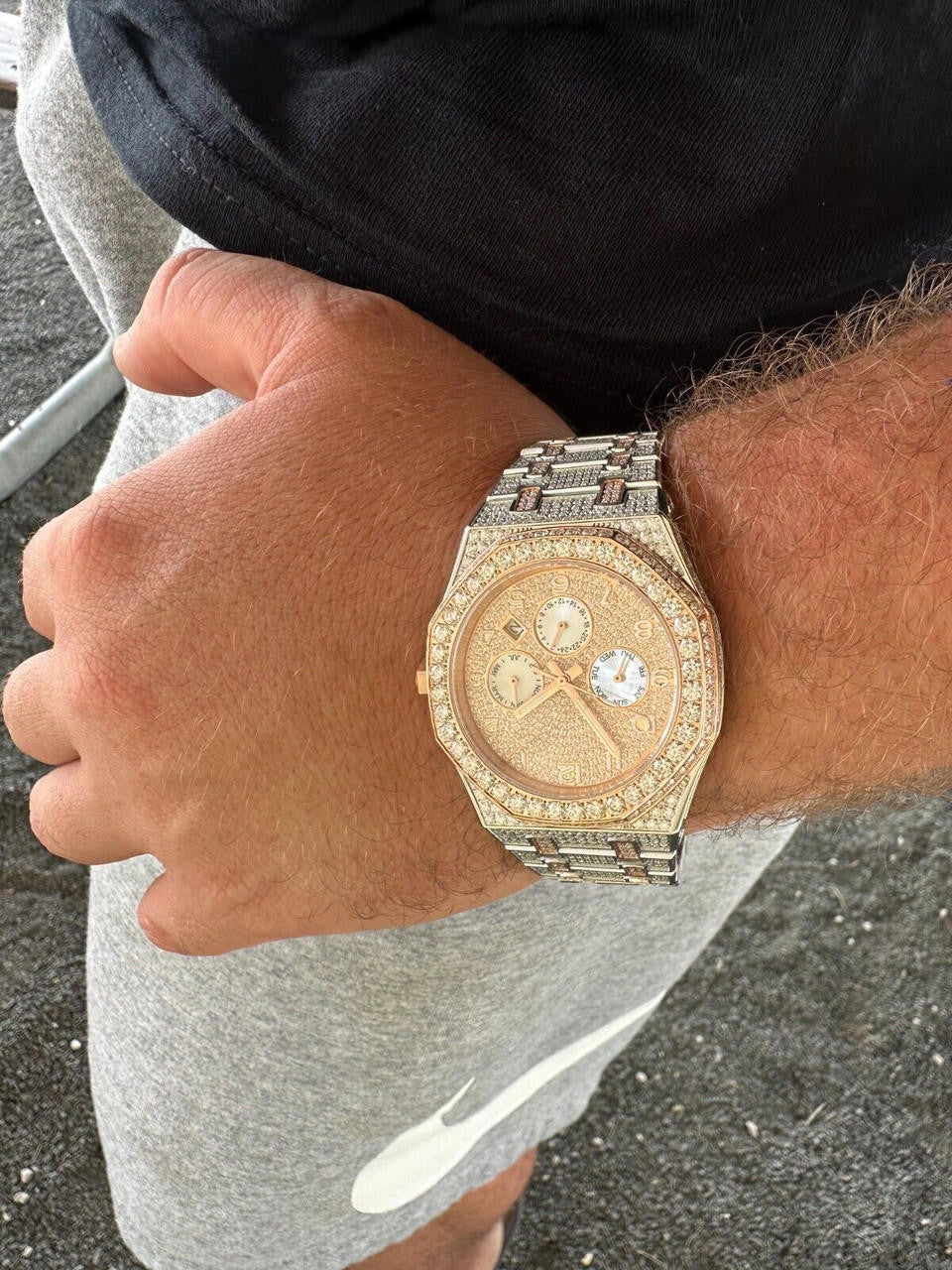 Real MOISSANITE Mens Watch 14k Rose Gold Two Tone Iced Skeleton Back Hip Hop