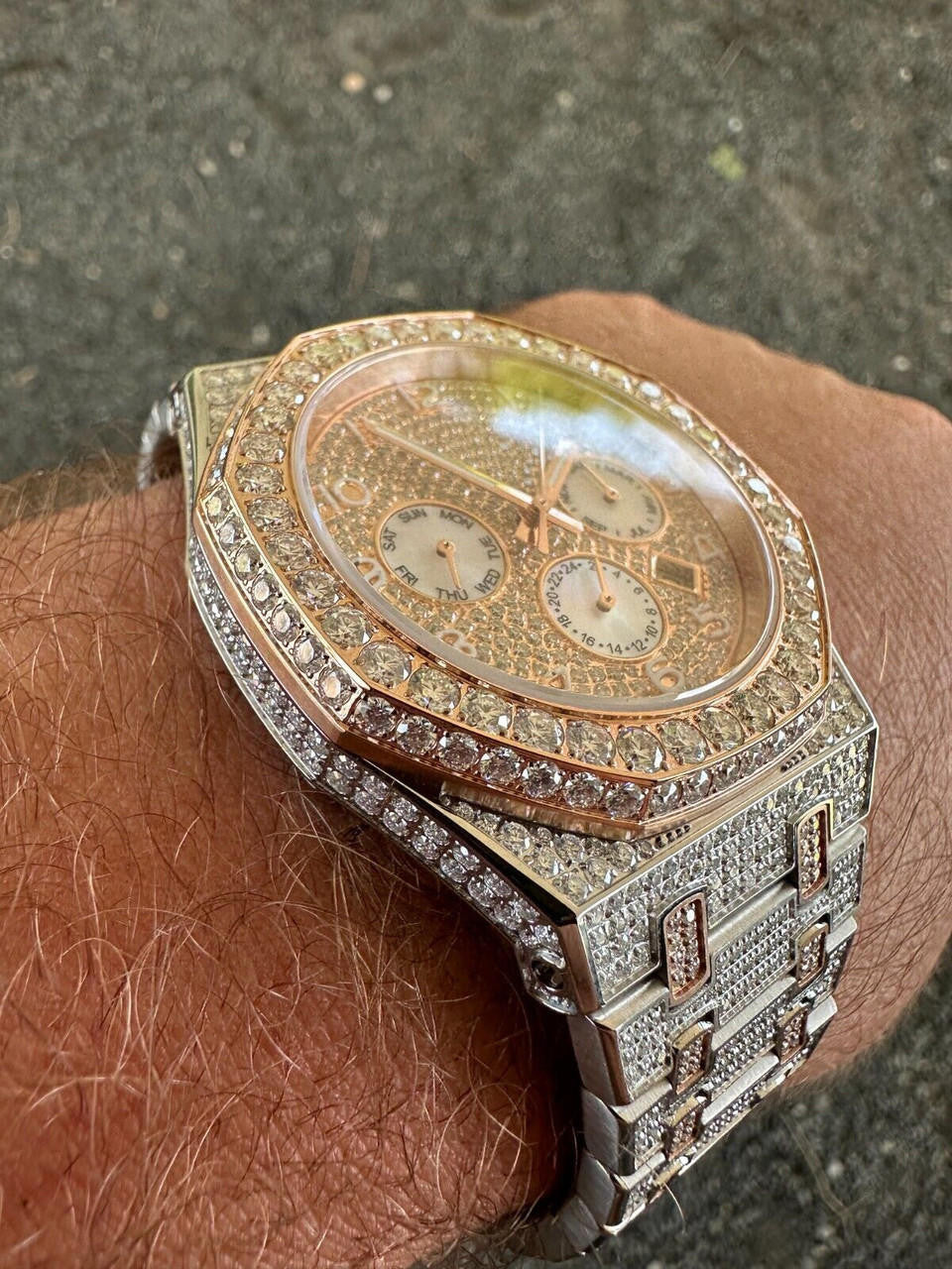 Real MOISSANITE Mens Watch 14k Rose Gold Two Tone Iced Skeleton Back Hip Hop