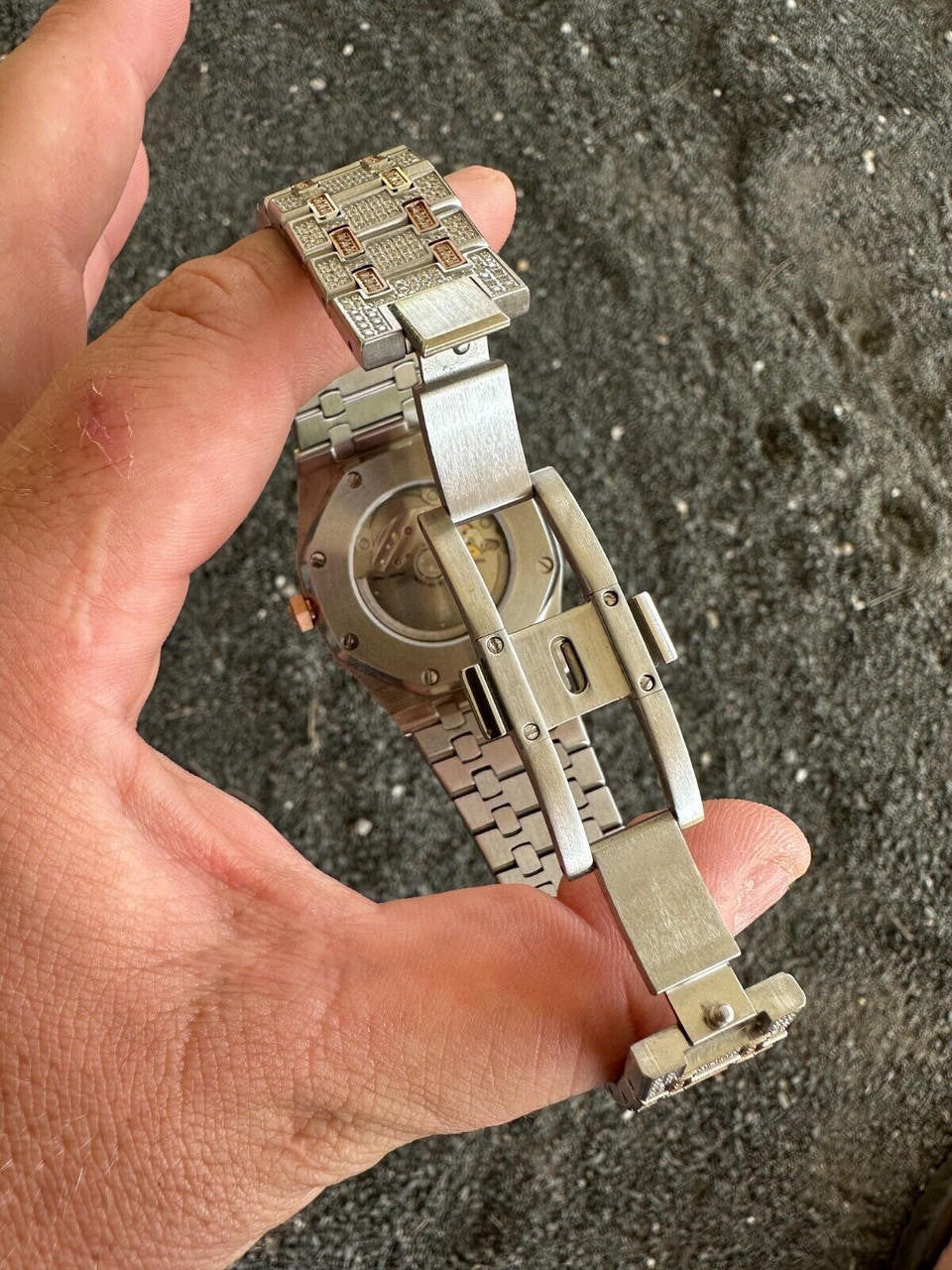 Real MOISSANITE Mens Watch 14k Rose Gold Two Tone Iced Skeleton Back Hip Hop