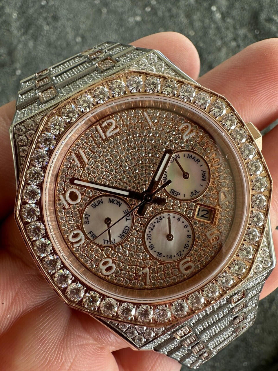 Real MOISSANITE Mens Watch 14k Rose Gold Two Tone Iced Skeleton Back Hip Hop