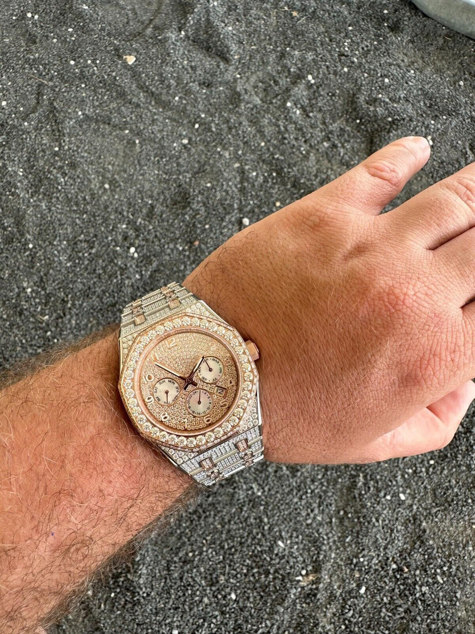 Real MOISSANITE Mens Watch 14k Rose Gold Two Tone Iced Skeleton Back Hip Hop