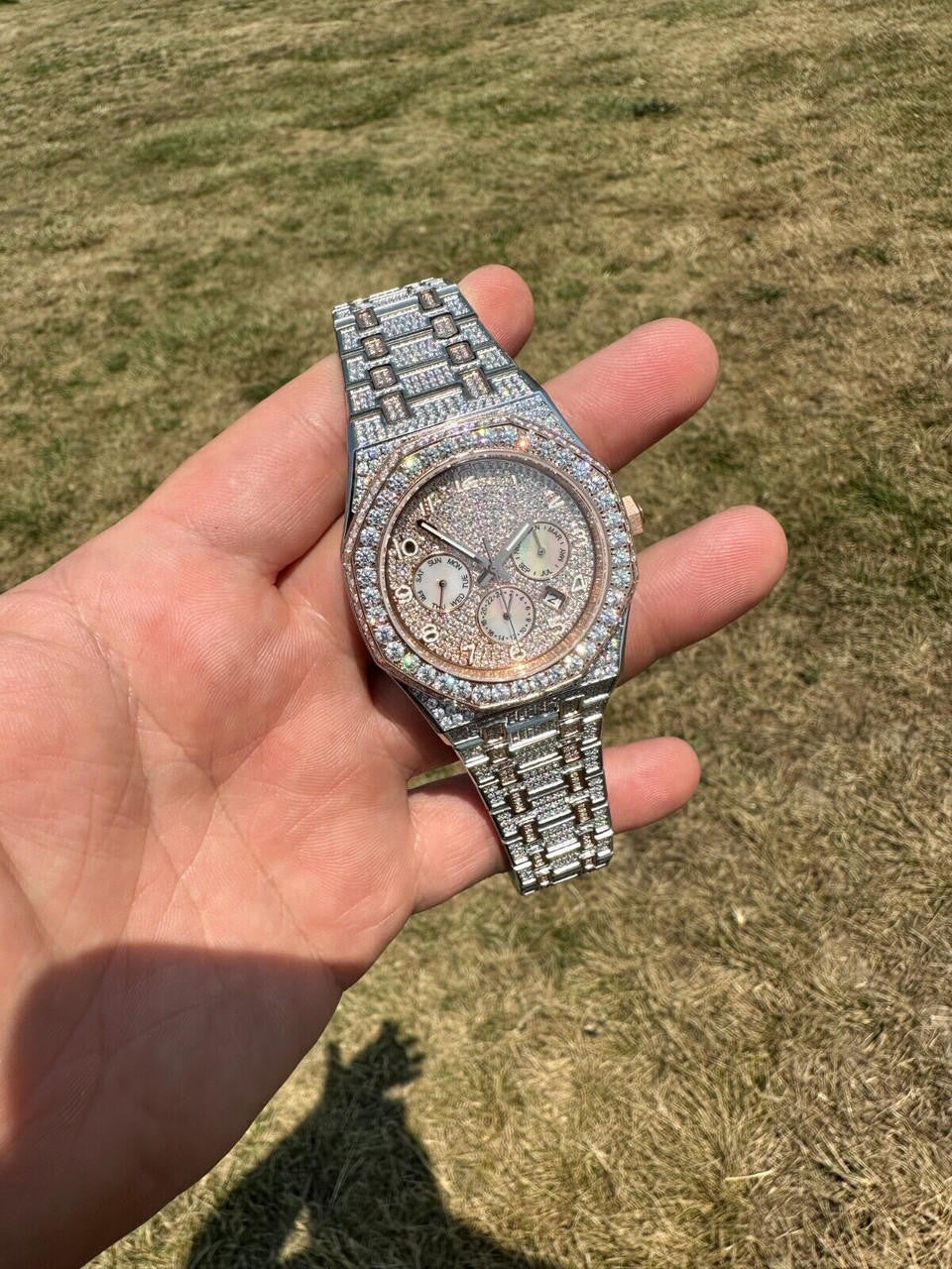Real MOISSANITE Mens Watch 14k Rose Gold Two Tone Iced Skeleton Back Hip Hop
