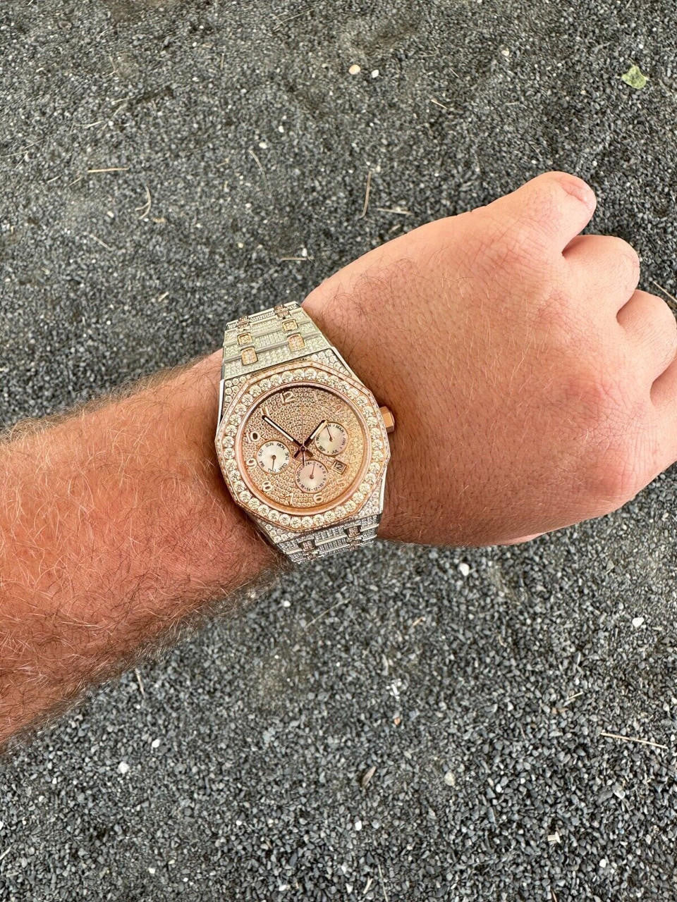 Real MOISSANITE Mens Watch 14k Rose Gold Two Tone Iced Skeleton Back Hip Hop