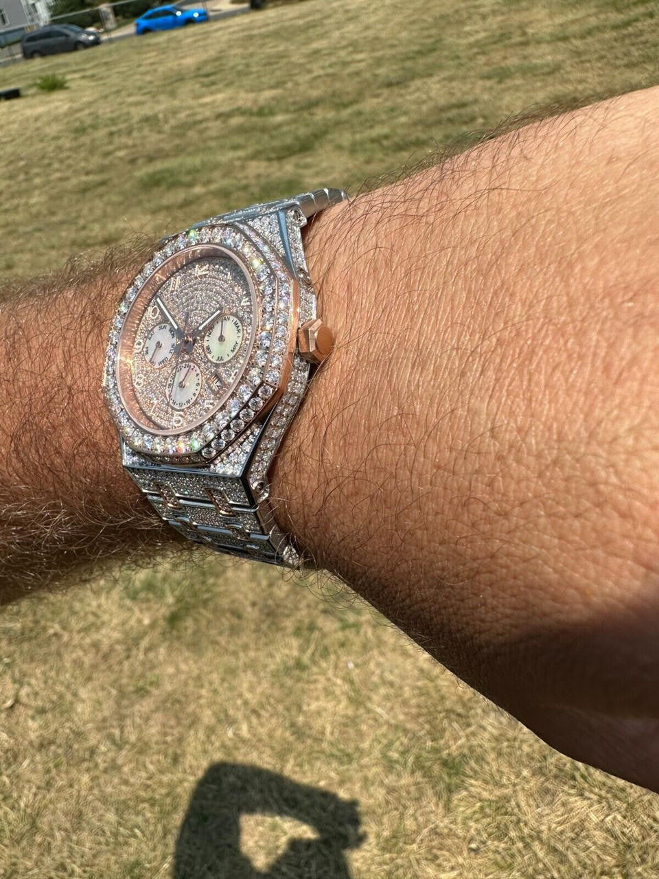 Real MOISSANITE Mens Watch 14k Rose Gold Two Tone Iced Skeleton Back Hip Hop