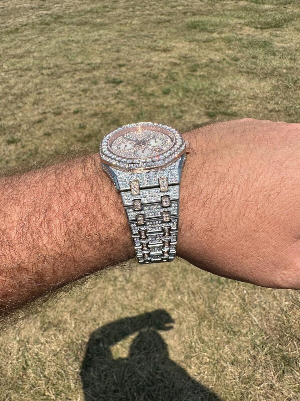 Real MOISSANITE Mens Watch 14k Rose Gold Two Tone Iced Skeleton Back Hip Hop