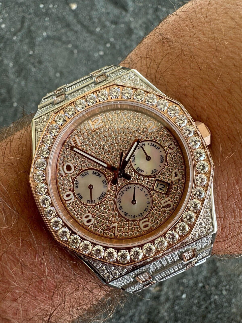 Real MOISSANITE Mens Watch 14k Rose Gold Two Tone Iced Skeleton Back Hip Hop