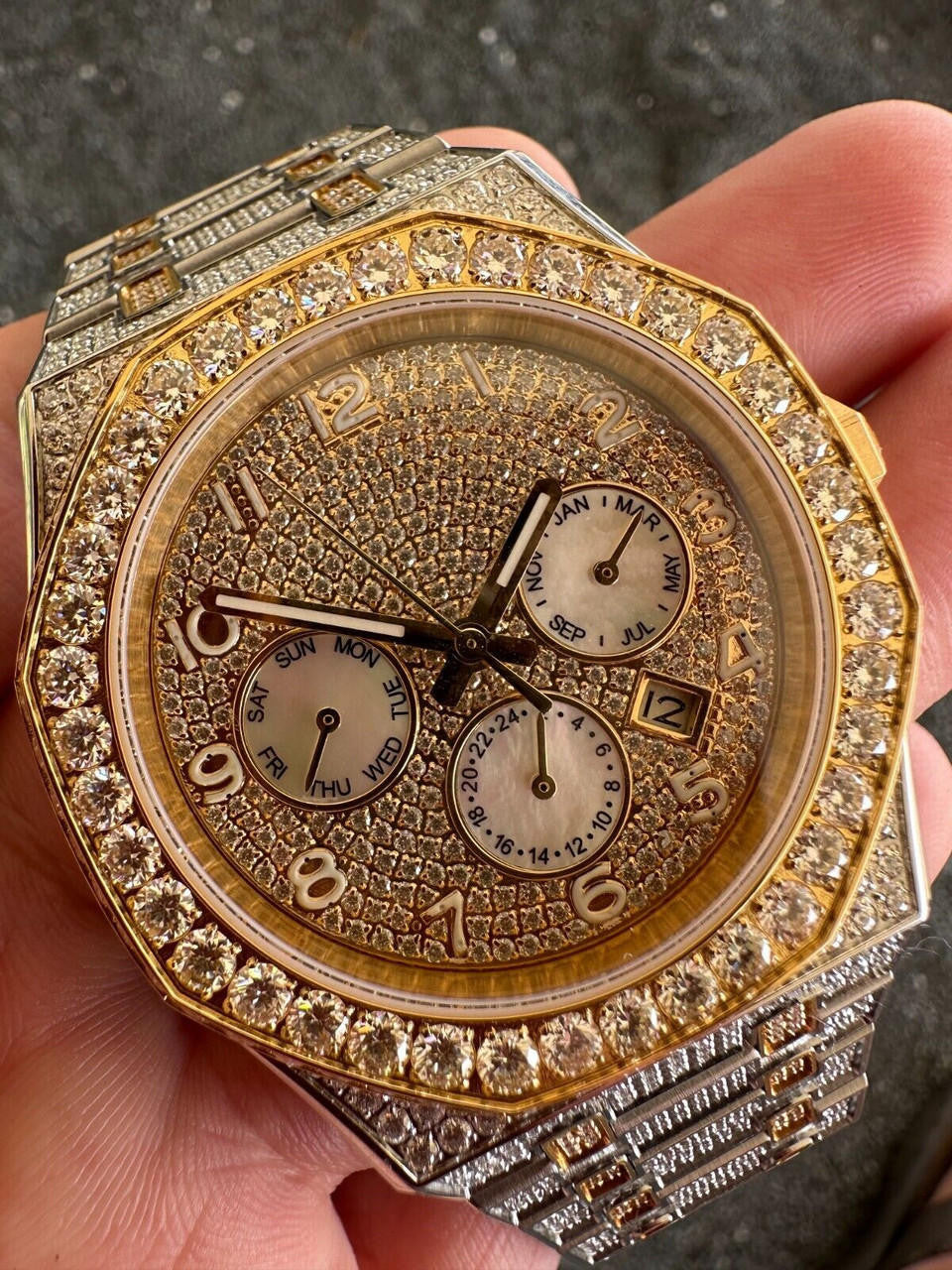 Real MOISSANITE Mens Watch Gold Two Tone Iced Skeleton Back Hip Hop Pass Tester