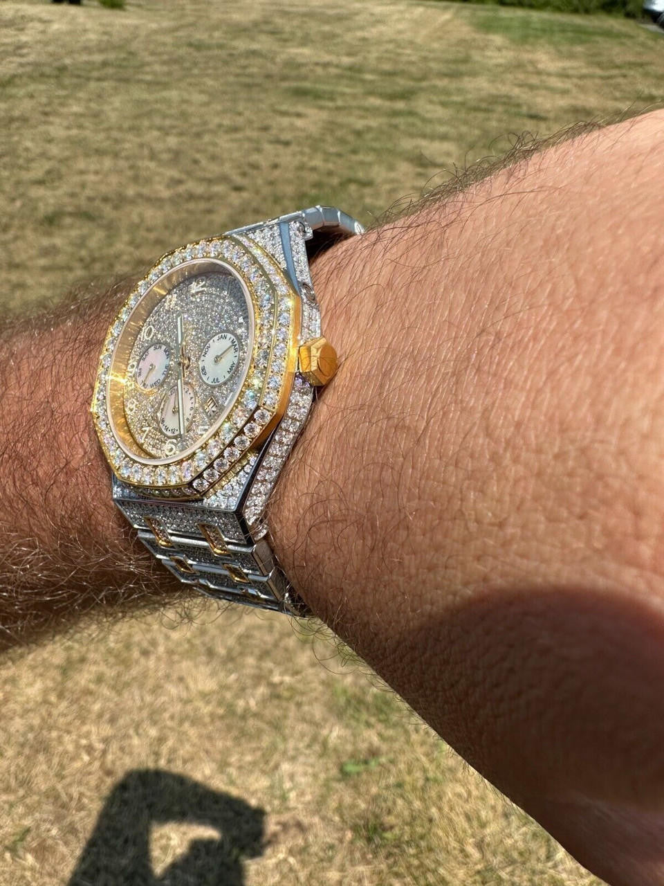 Real MOISSANITE Mens Watch Gold Two Tone Iced Skeleton Back Hip Hop Pass Tester