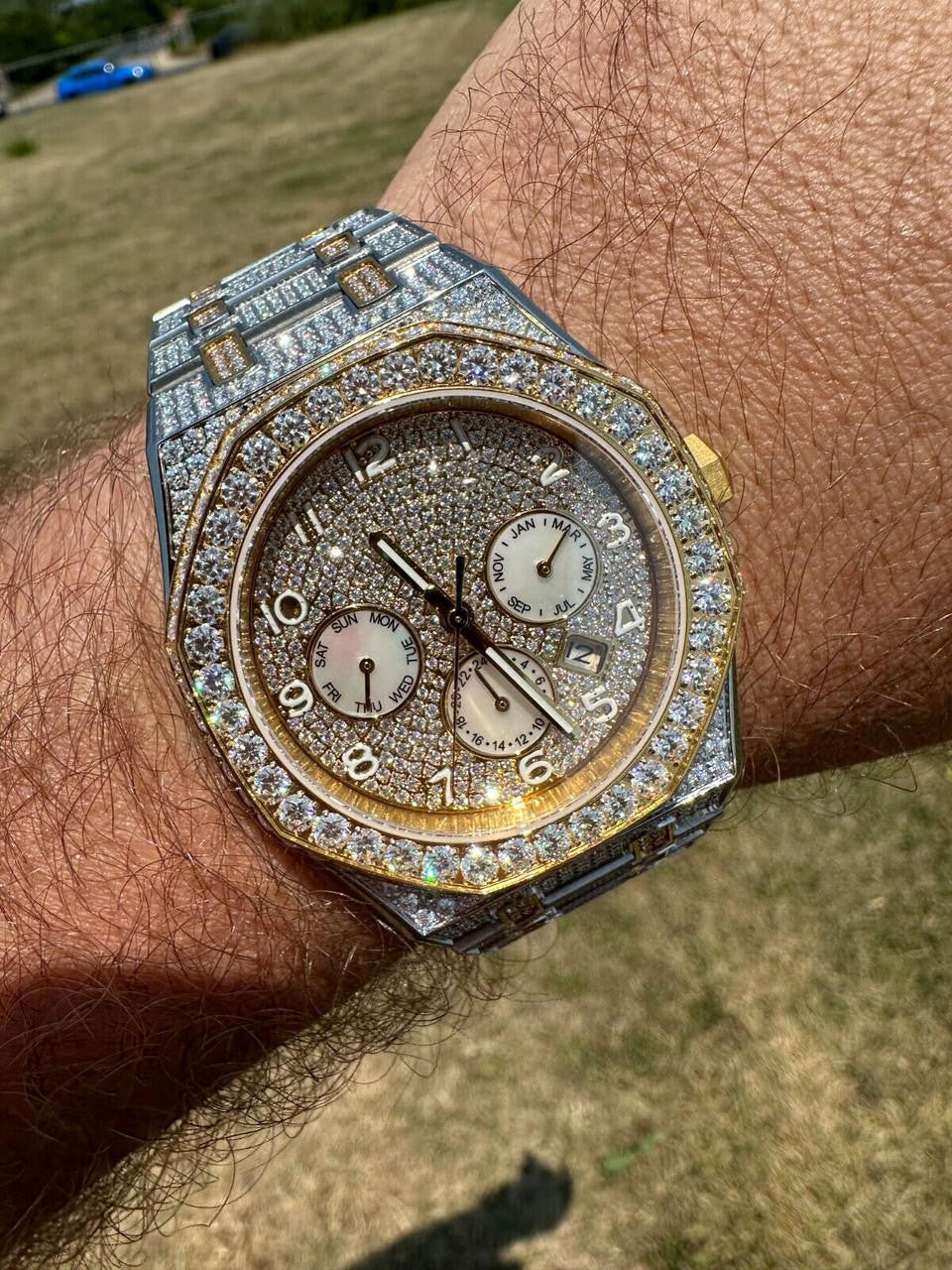 Real MOISSANITE Mens Watch Gold Two Tone Iced Skeleton Back Hip Hop Pass Tester