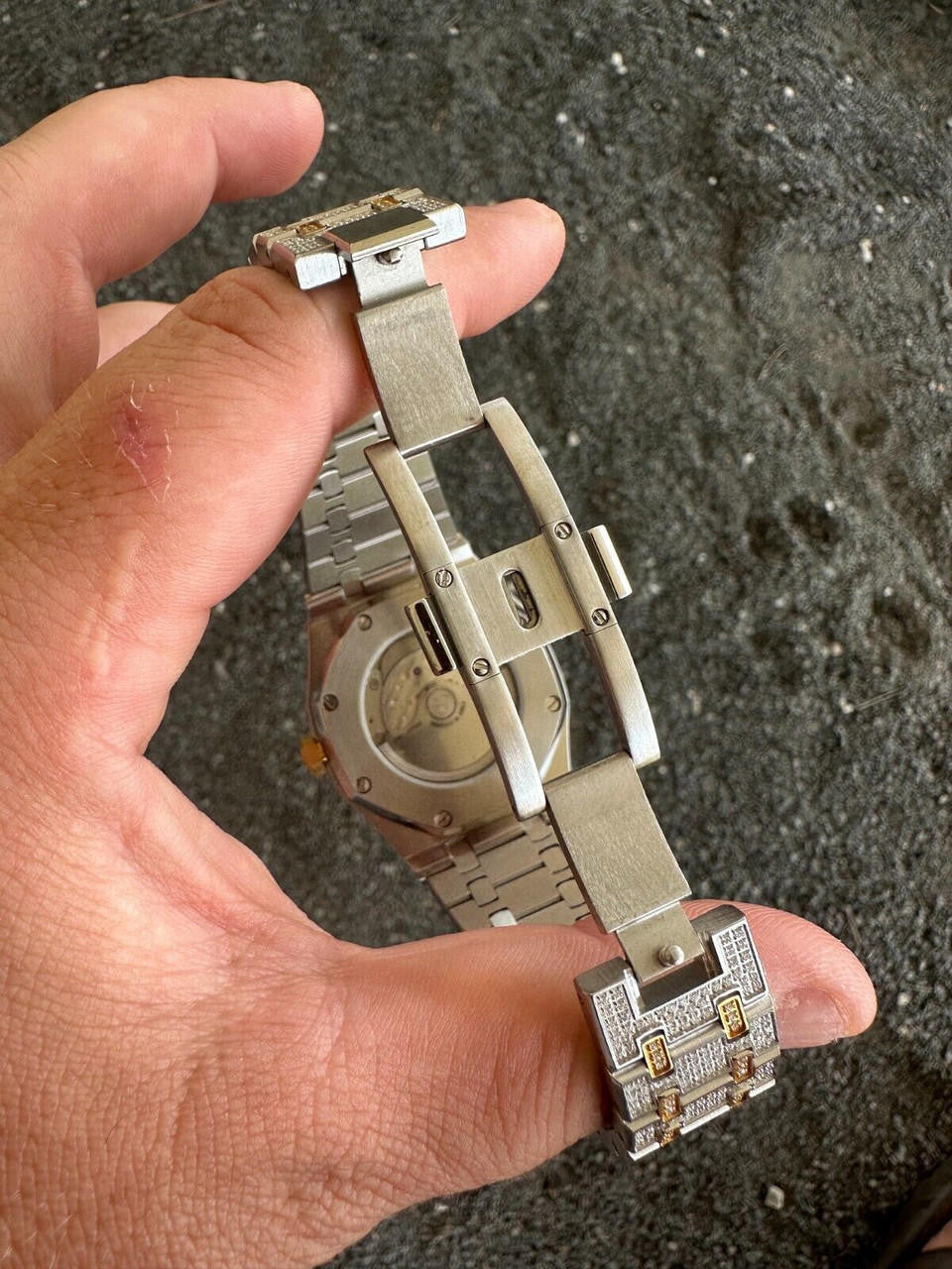 Real MOISSANITE Mens Watch Gold Two Tone Iced Skeleton Back Hip Hop Pass Tester