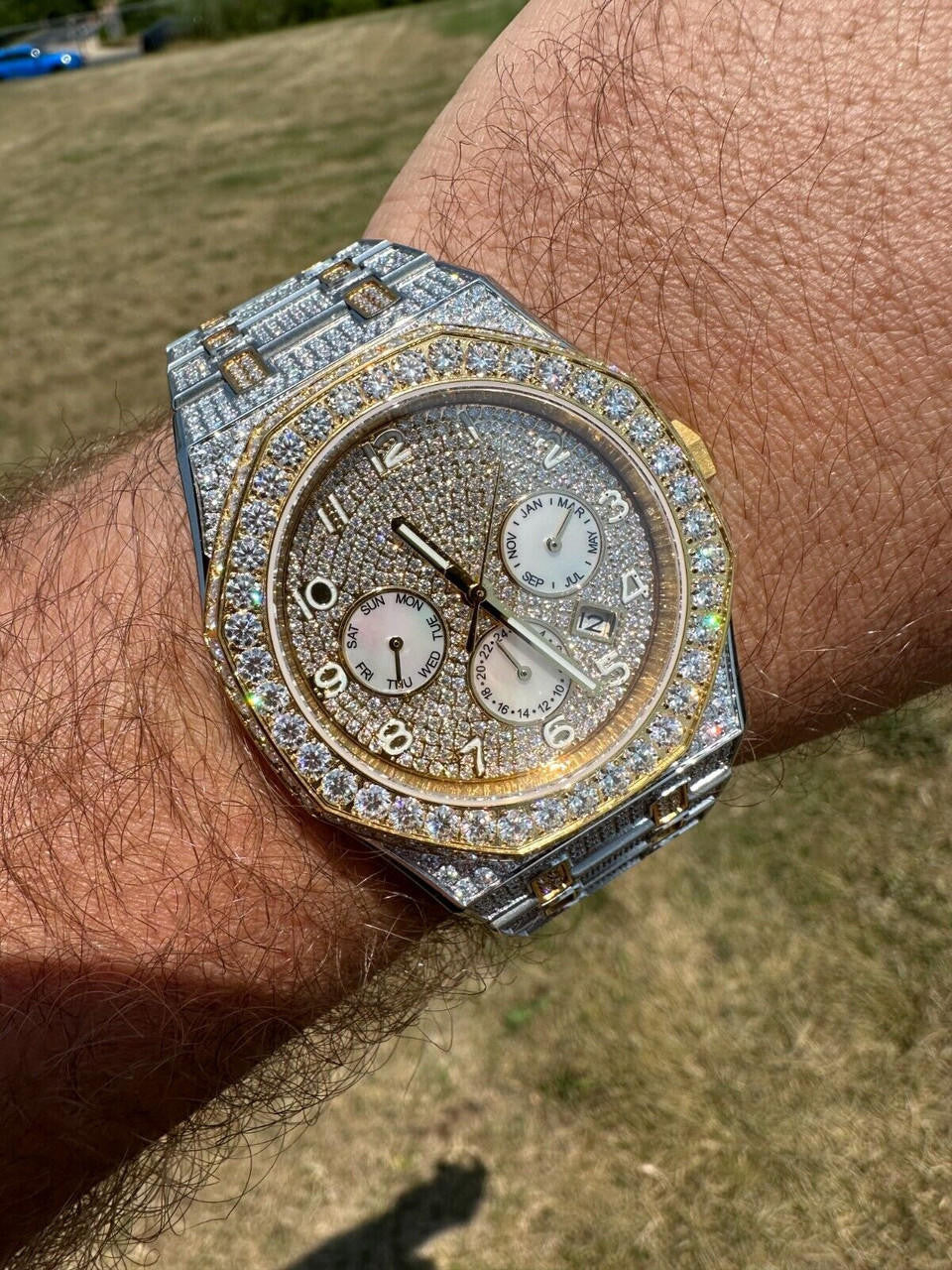 Real MOISSANITE Mens Watch Gold Two Tone Iced Skeleton Back Hip Hop Pass Tester