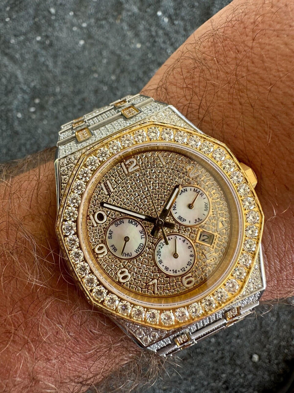 Real MOISSANITE Mens Watch Gold Two Tone Iced Skeleton Back Hip Hop Pass Tester