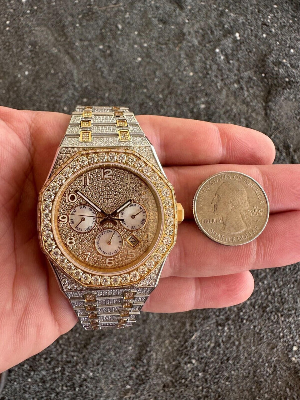 Real MOISSANITE Mens Watch Gold Two Tone Iced Skeleton Back Hip Hop Pass Tester