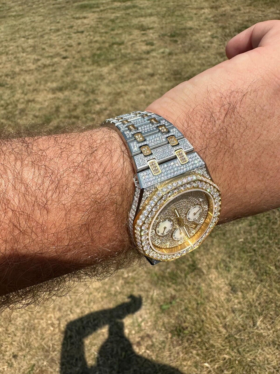 Real MOISSANITE Mens Watch Gold Two Tone Iced Skeleton Back Hip Hop Pass Tester