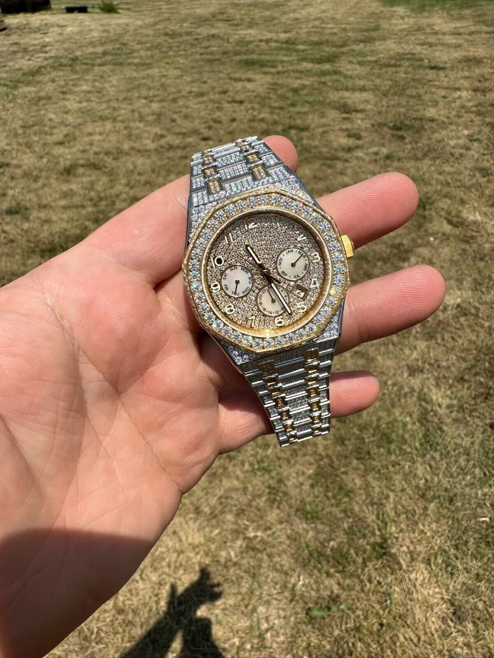 Real MOISSANITE Mens Watch Gold Two Tone Iced Skeleton Back Hip Hop Pass Tester