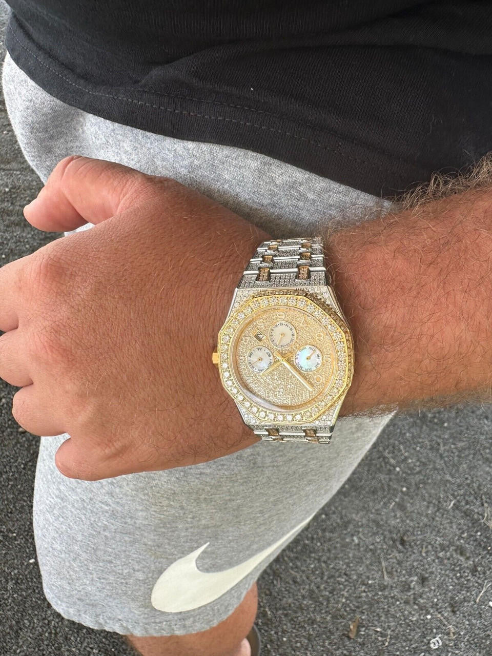 Real MOISSANITE Mens Watch Gold Two Tone Iced Skeleton Back Hip Hop Pass Tester