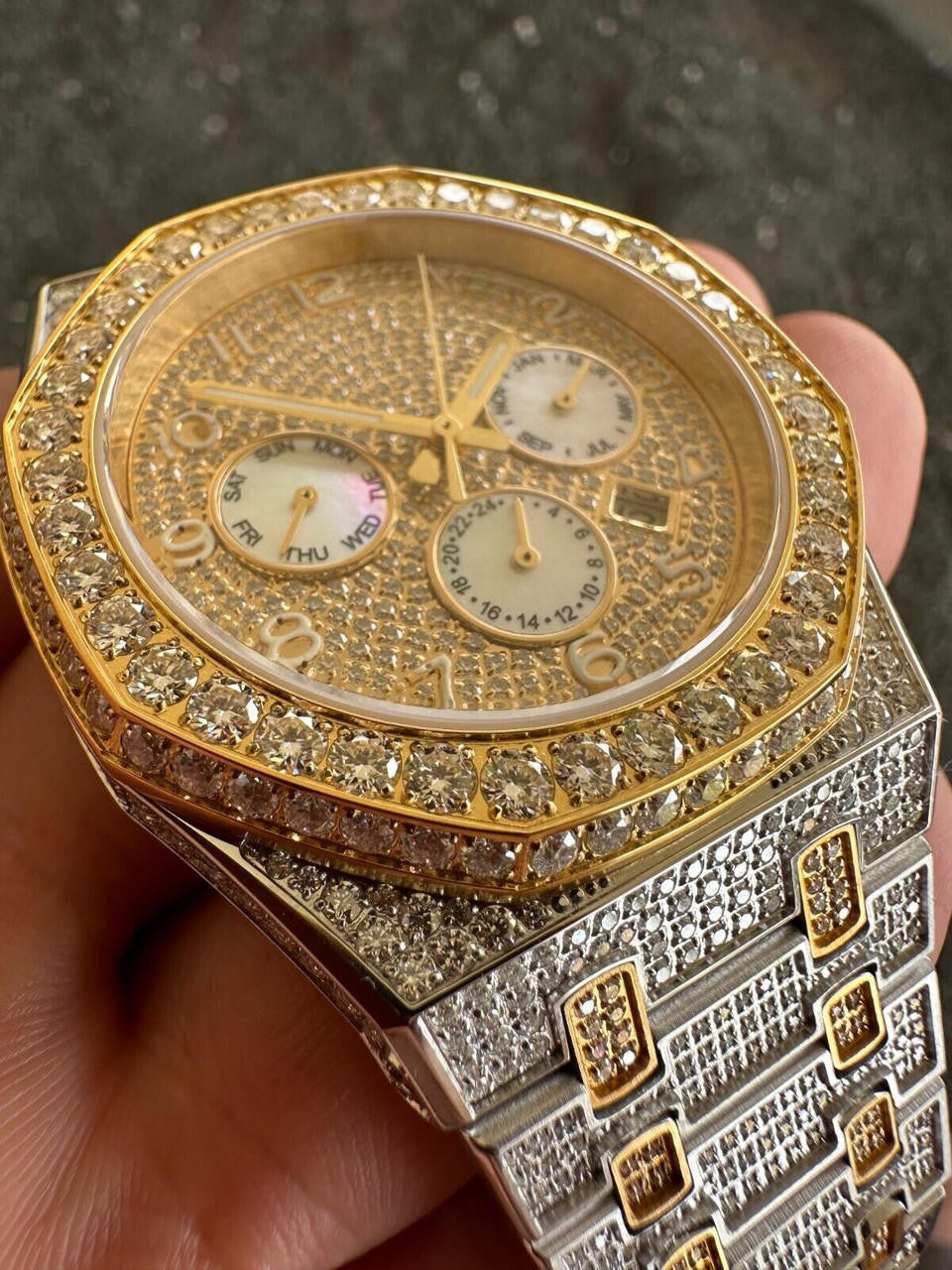 Real MOISSANITE Mens Watch Gold Two Tone Iced Skeleton Back Hip Hop Pass Tester