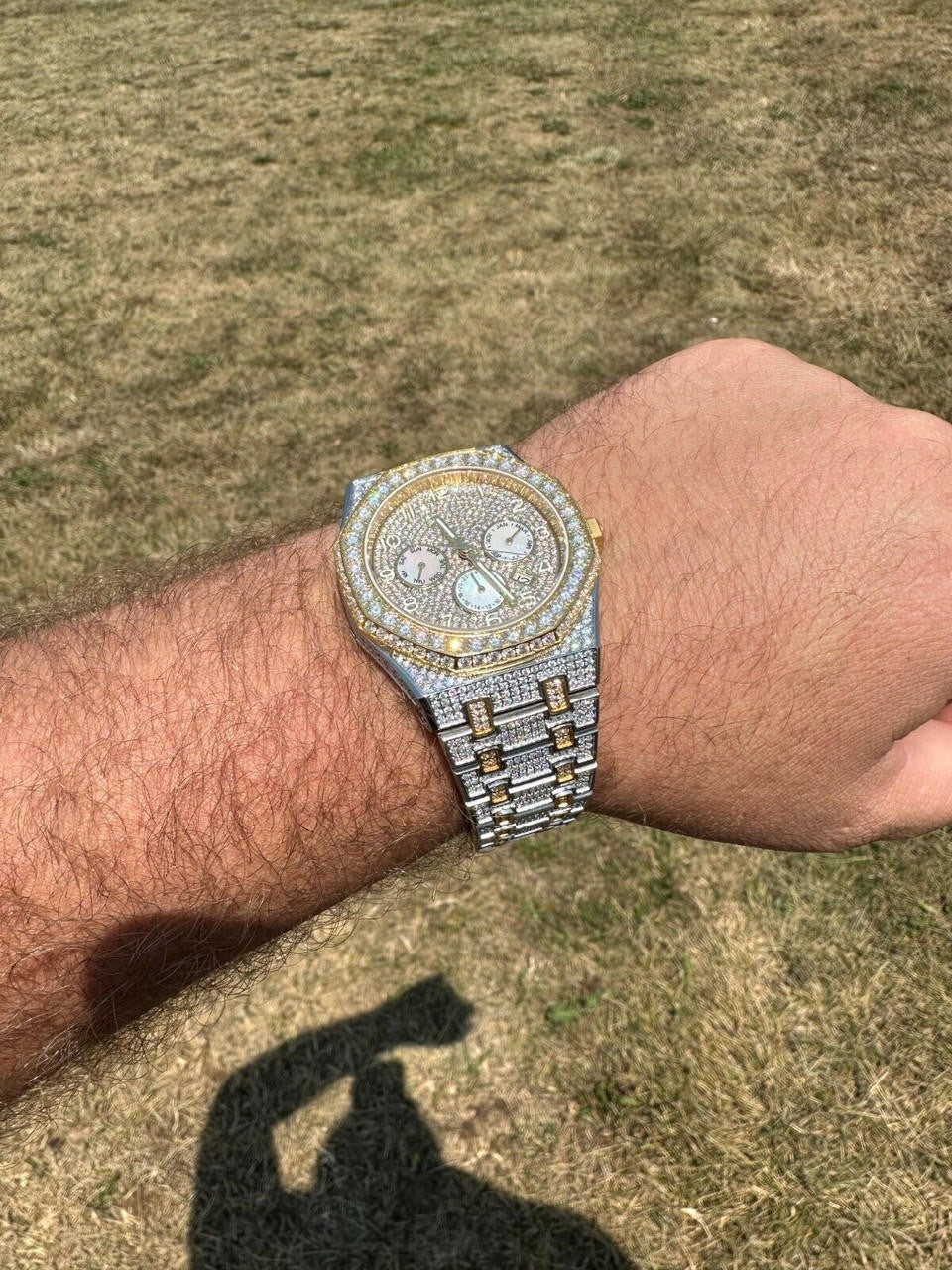 Real MOISSANITE Mens Watch Gold Two Tone Iced Skeleton Back Hip Hop Pass Tester