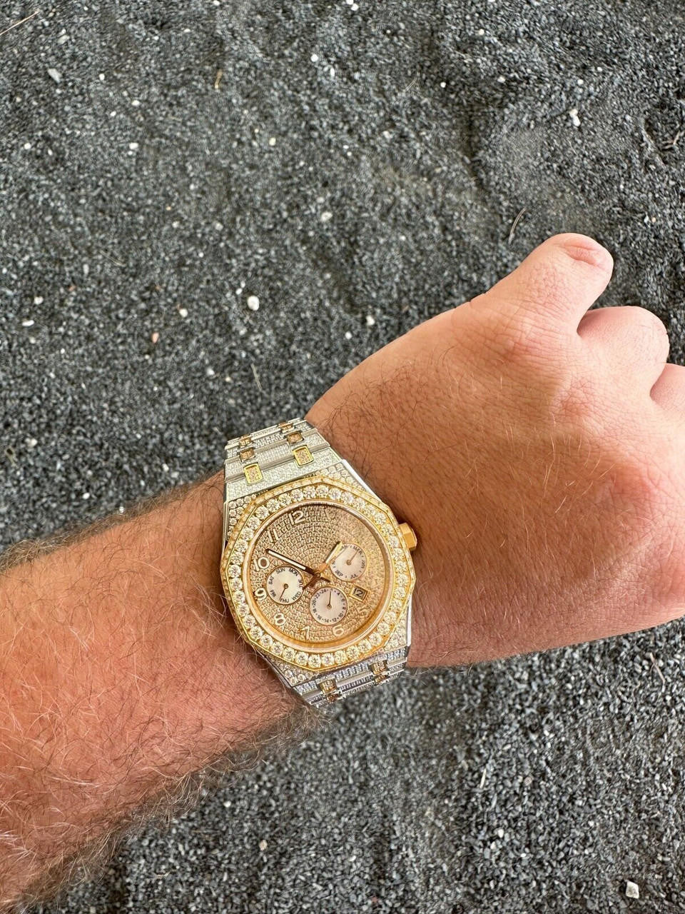 Real MOISSANITE Mens Watch Gold Two Tone Iced Skeleton Back Hip Hop Pass Tester