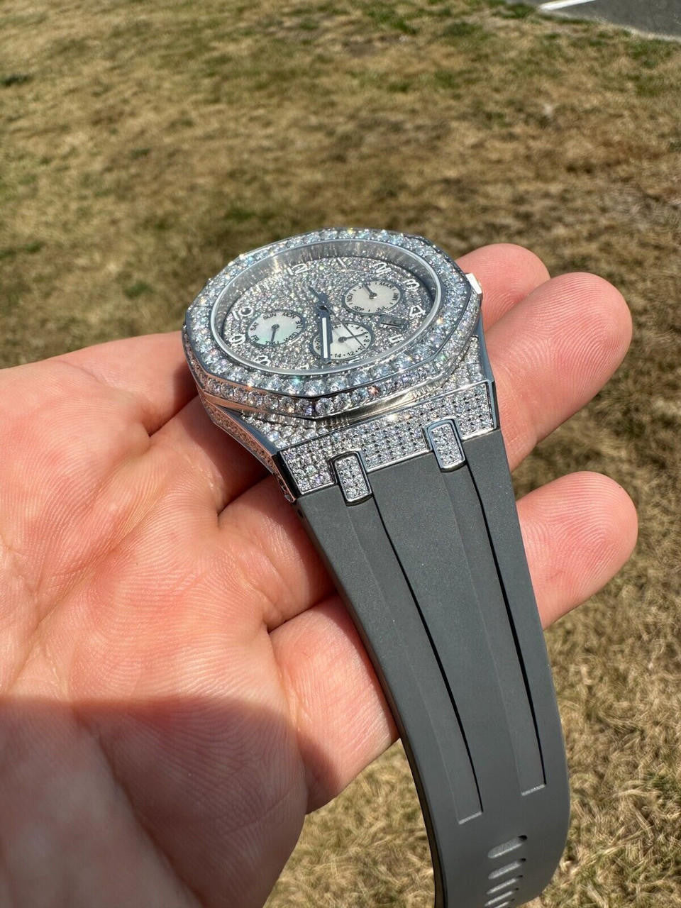 Real MOISSANITE Mens Watch Iced Skeleton Back 44mm Hip Hop - Gray Silicone Band