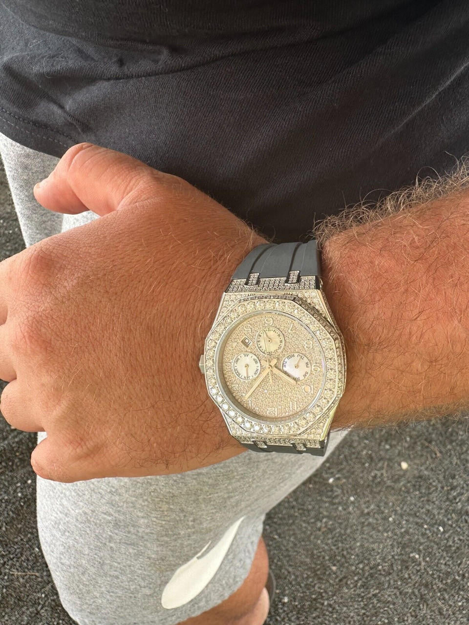 Real MOISSANITE Mens Watch Iced Skeleton Back 44mm Hip Hop - Gray Silicone Band