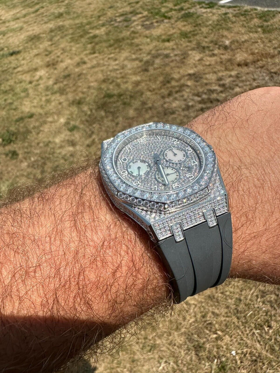 Real MOISSANITE Mens Watch Iced Skeleton Back 44mm Hip Hop - Gray Silicone Band