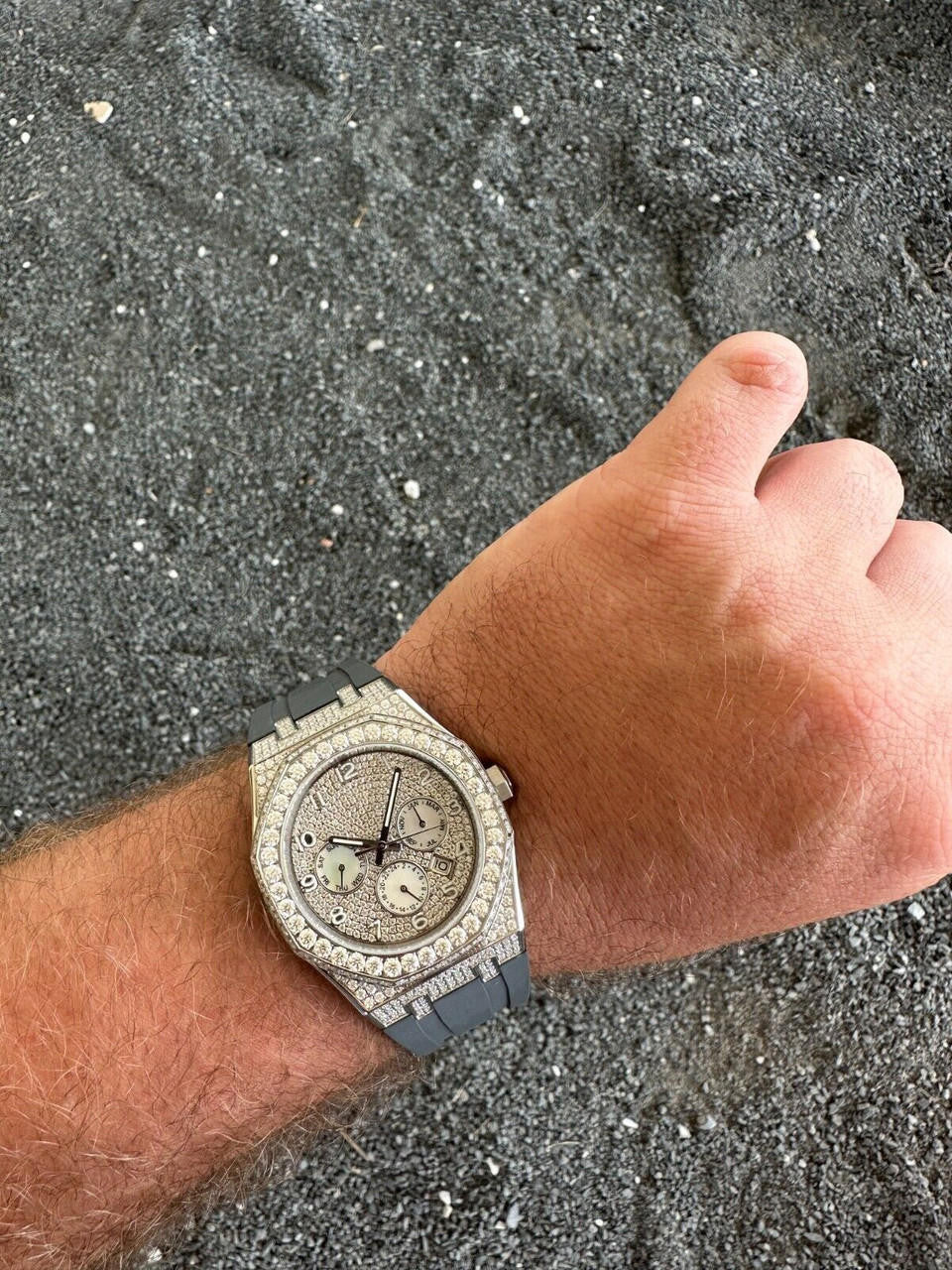 Real MOISSANITE Mens Watch Iced Skeleton Back 44mm Hip Hop - Gray Silicone Band