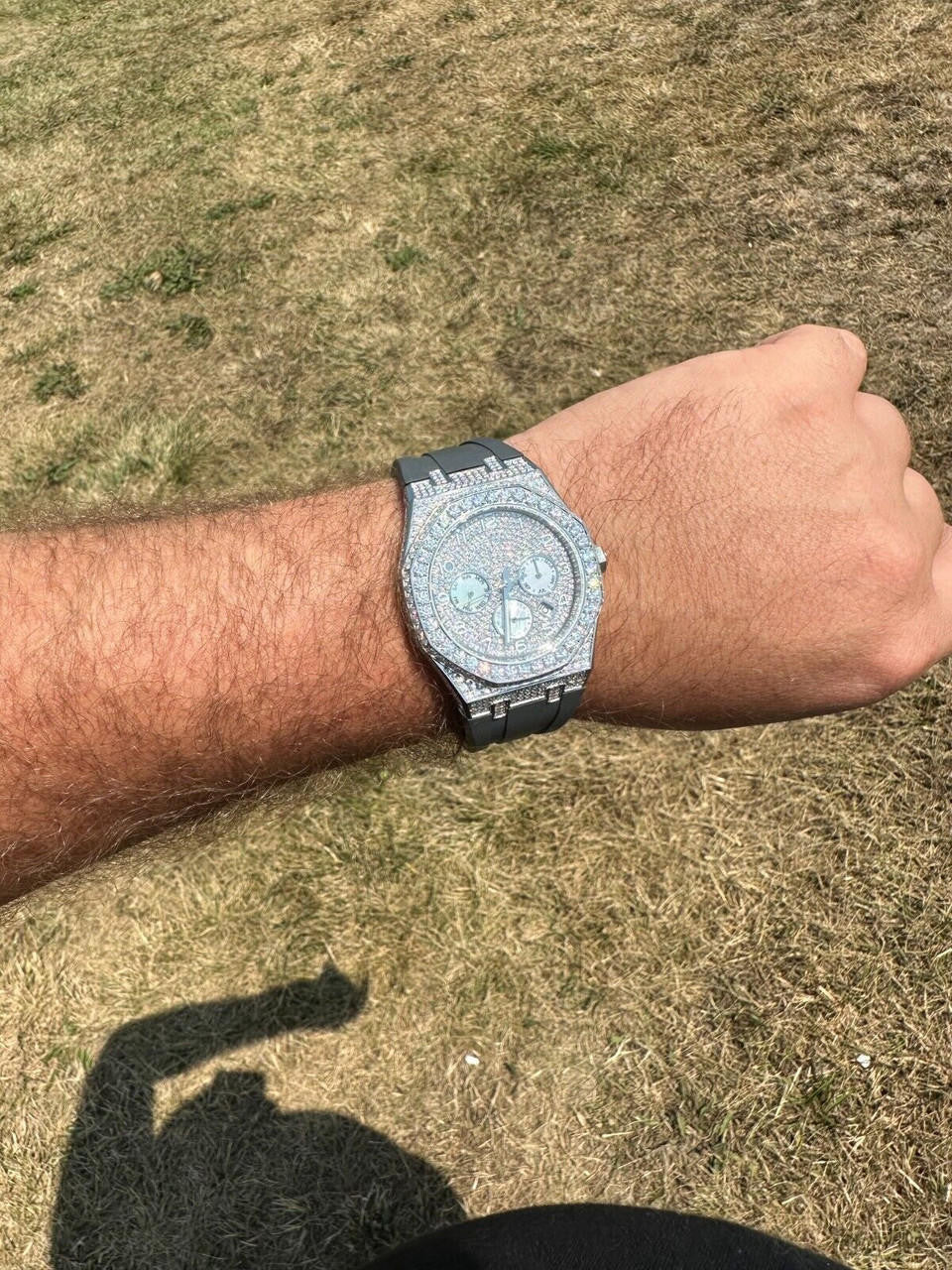 Real MOISSANITE Mens Watch Iced Skeleton Back 44mm Hip Hop - Gray Silicone Band