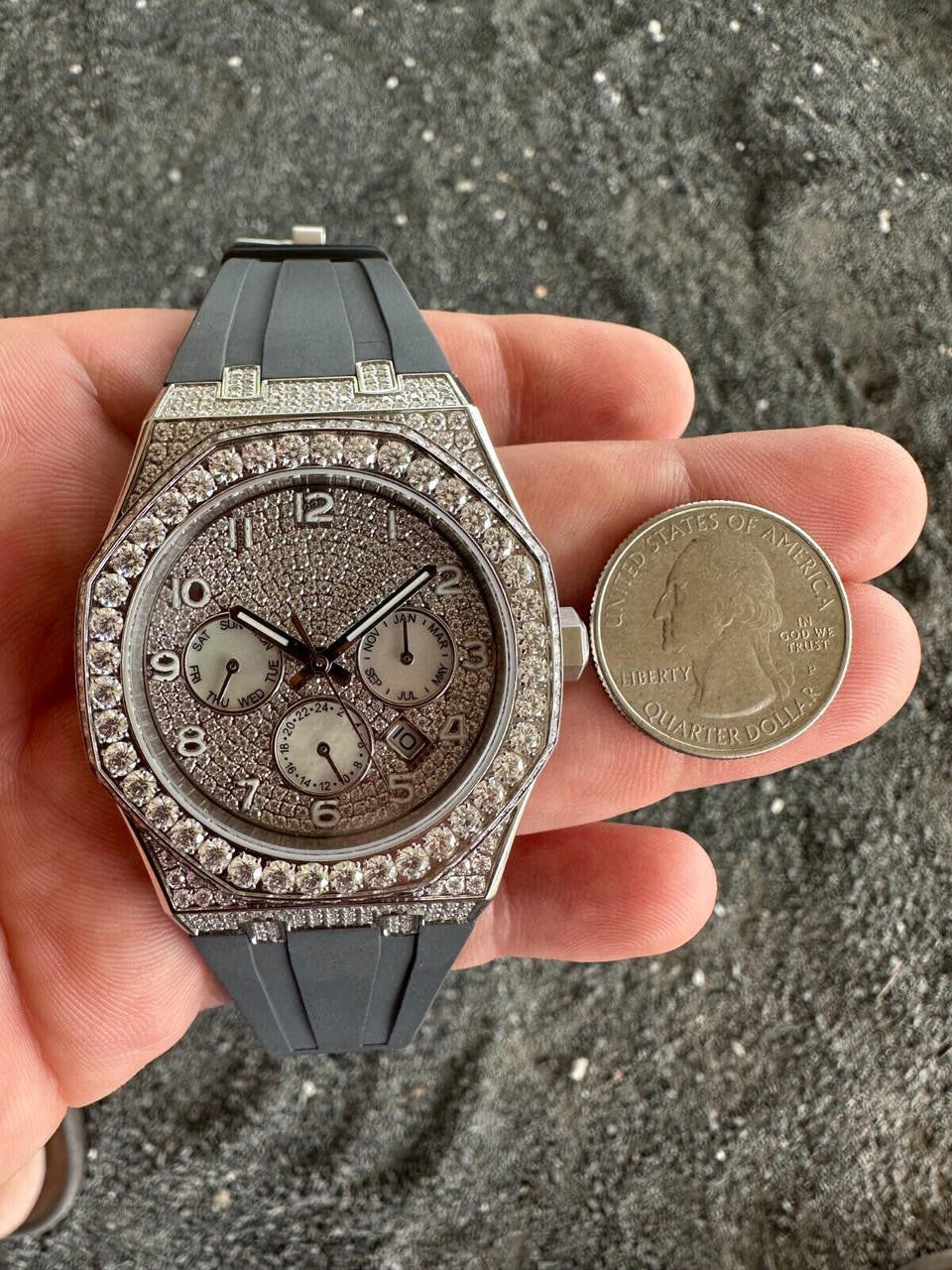 Real MOISSANITE Mens Watch Iced Skeleton Back 44mm Hip Hop - Gray Silicone Band