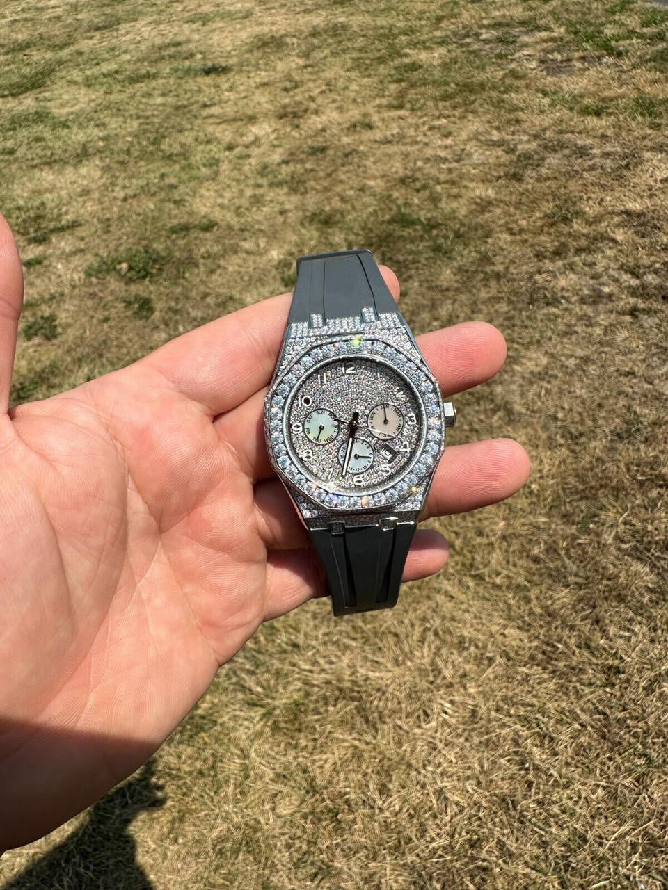 Real MOISSANITE Mens Watch Iced Skeleton Back 44mm Hip Hop - Gray Silicone Band