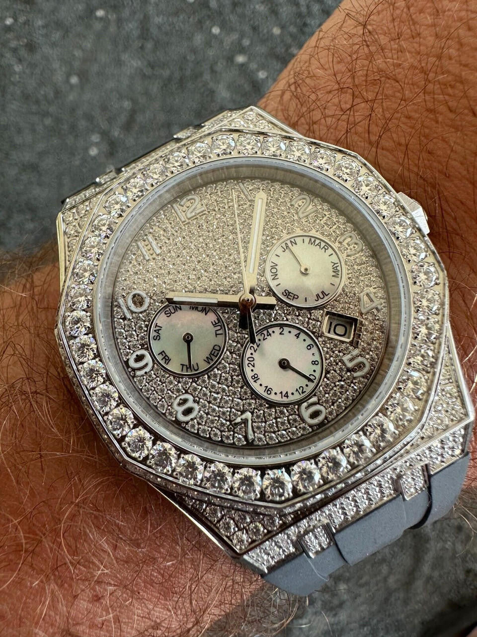 Real MOISSANITE Mens Watch Iced Skeleton Back 44mm Hip Hop - Gray Silicone Band