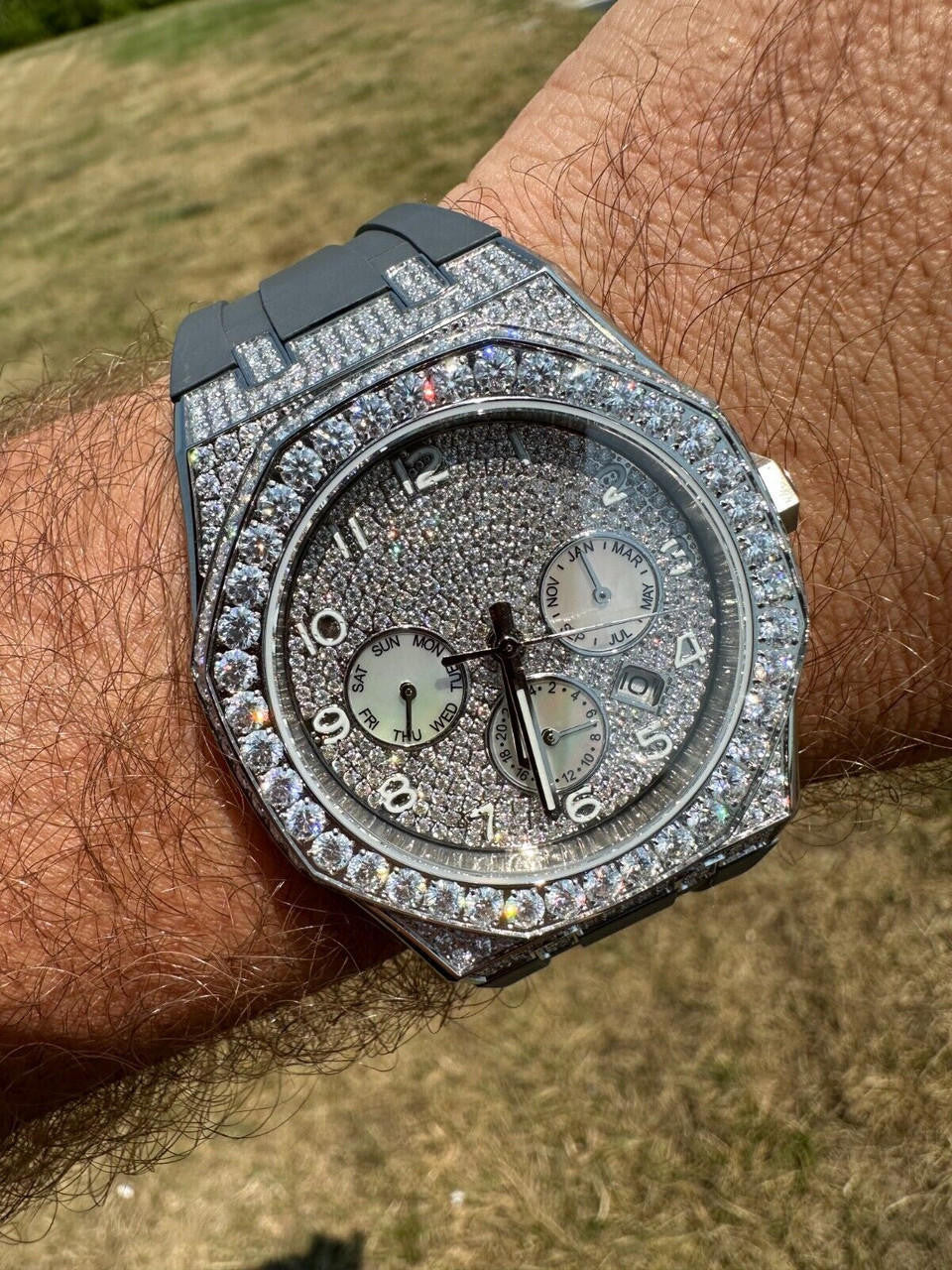 Real MOISSANITE Mens Watch Iced Skeleton Back 44mm Hip Hop - Gray Silicone Band