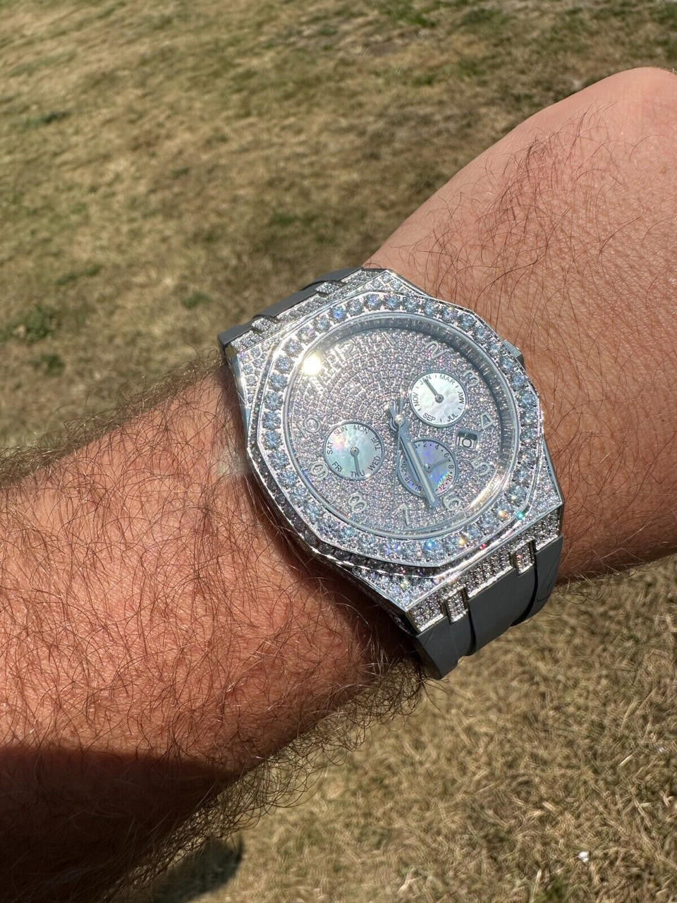 Real MOISSANITE Mens Watch Iced Skeleton Back 44mm Hip Hop - Gray Silicone Band