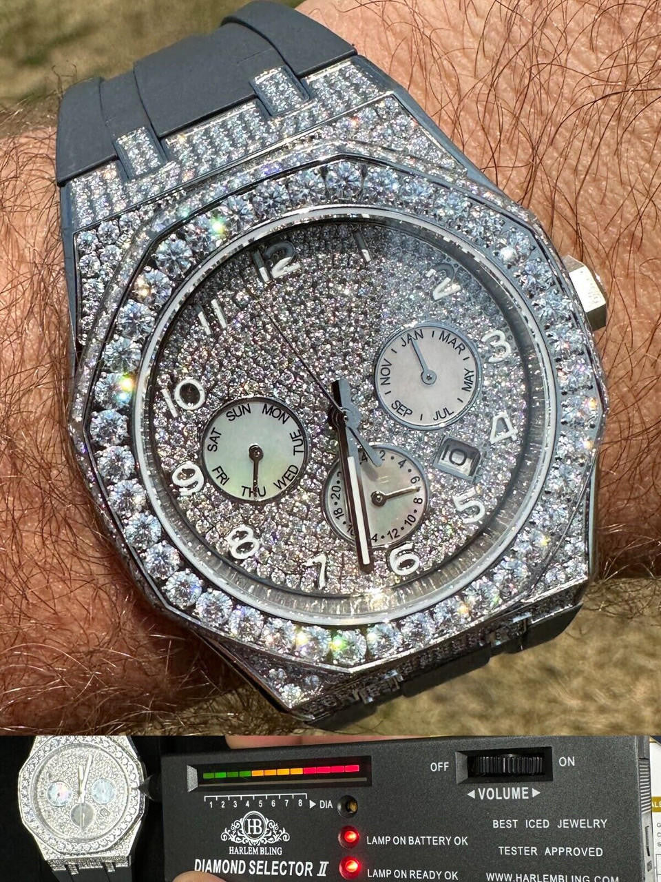 Real MOISSANITE Mens Watch Iced Skeleton Back 44mm Hip Hop - Gray Silicone Band