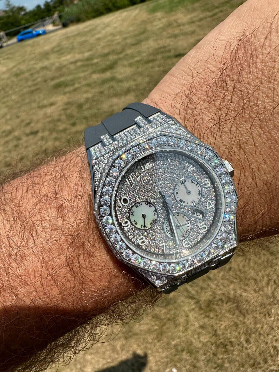 Real MOISSANITE Mens Watch Iced Skeleton Back 44mm Hip Hop - Gray Silicone Band